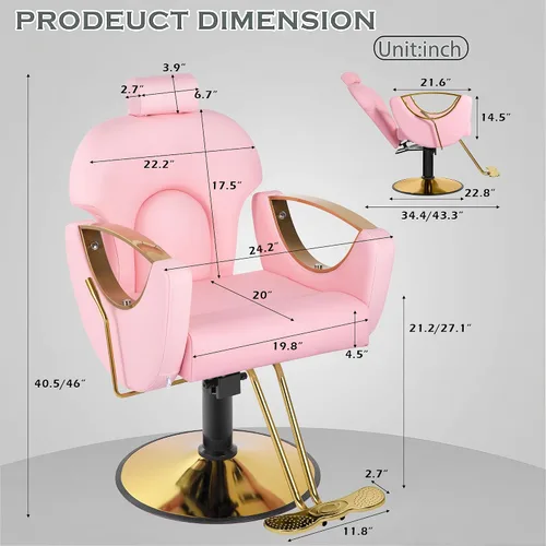 Miniatura 3 de Silla Rosa de Salón para Estilista de Cabello, Silla de Barbero para Barbería en Casa, Silla de Salón de Cabello Reclinable, Bomba Hidráulica