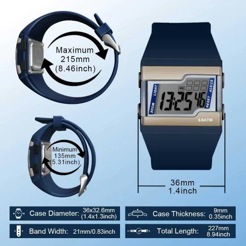 Miniatura 5 de Reloj deportivo digital de 10 ATM, 330 pies, impermeable, para nadar y bucear con luz de fondo, cronómetro, reloj despertador y calendario, Azul