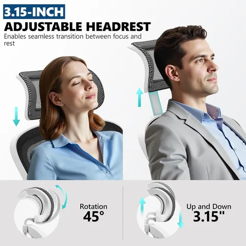 Miniatura 7 de Silla de oficina ergonómica, silla de escritorio de malla con reposacabezas ajustable y soporte lumbar, silla de computadora con ruedas con Blanco