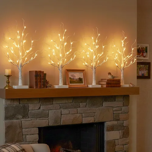 Miniatura 5 de EAMBRITE Árbol de abedul con luces LED para decoración de Navidad en interiores, árbol de mesa iluminado de 22 en 24 LED, ramita blanca, funciona