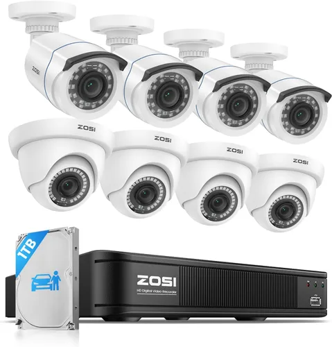 ZOSI 3K Lite Sistema de Cámara de Seguridad para el Hogar con Detección de Humanos y Vehículos AI, H.265+ 8 Canales CCTV DVR y 8 x 1080p Cámaras