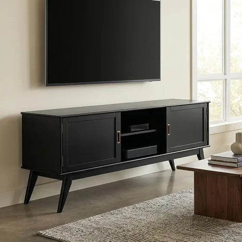 Miniatura 2 de SIMPLIHOME Draper Soporte de TV – Consola baja de madera maciza de 60 pulgadas de ancho en negro, centro de entretenimiento moderno de mediados