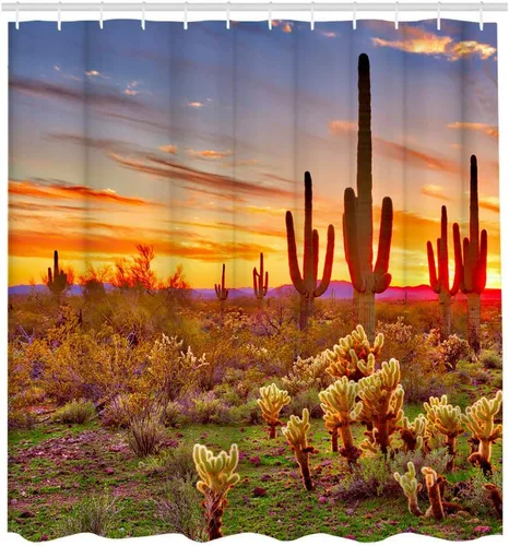 LUKUY Saguaro - Cortina de ducha para el baño, diseño de paisaje del desierto de Arizona con cactus montaña al atardecer, tela de tela con ganchos,