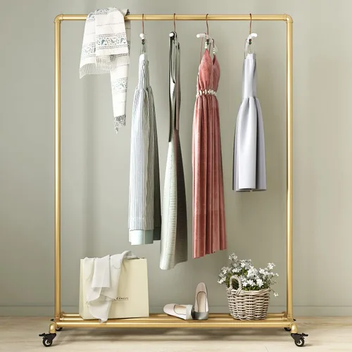 Miniatura 9 de Perchero de metal dorado con estante de madera, perchero resistente con ruedas para dormitorio, uso en boutiques minoristas (37.4 pulgadas de largo)