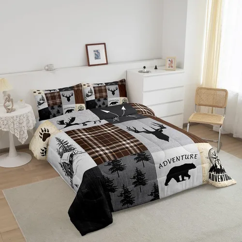 Miniatura 9 de Juego de edredón de cuernos de ciervo tamaño individual, juego de ropa de cama rústica de granja con huellas de oso y pinos para decoración