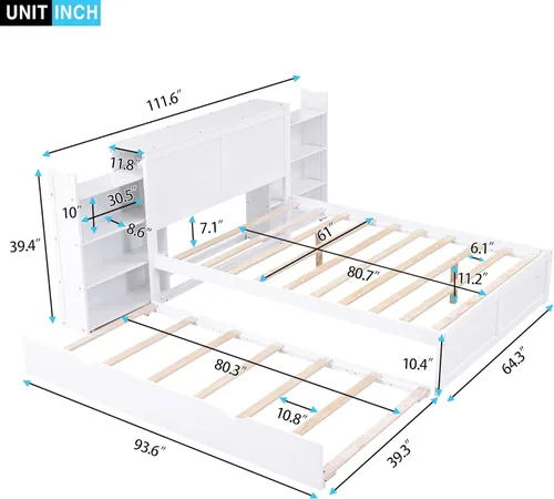 Miniatura 2 de RUNNA Elegante cama de plataforma de tamaño Queen con estantes extraíbles, cama de almacenamiento de madera con nido de tamaño individual
