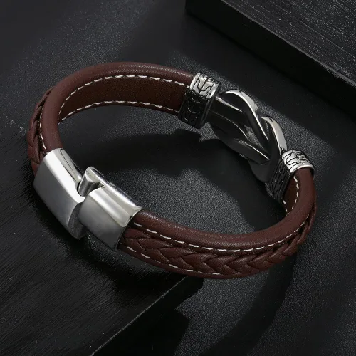 Miniatura 3 de Pulsera de cuero con nudo infinito para hombre, acero inoxidable, negromarrón, cuero genuino, trenzada, pulsera de joyería para hombres, padre