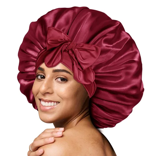Miniatura 39 de Gorro de satén de seda para dormir con banda ancha para cabello rizado, color rosado oro rosa claro