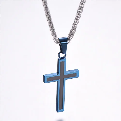 Miniatura 5 de U7 Collar de cruz simple para hombres y mujeres, acero inoxidable, plateado, negro, oro, cruz latina, colgante, grabable, longitud de 22 a 24
