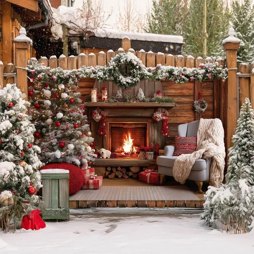 Miniatura 7 de HOMETITUTE Cartel navideño para chimenea de 71 x 43 pulgadas, acogedor telón de fondo navideño con adornos para árbol de Navidad, fondo cálido fuego