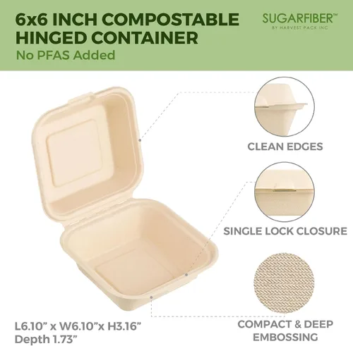 Miniatura 2 de [500 unidades] Fibra de azúcar por Harvest Pack PFAS FREE 6 x 6 pulgadas compostable Clamshell Recipientes de alimentos, contenedor con bisagras