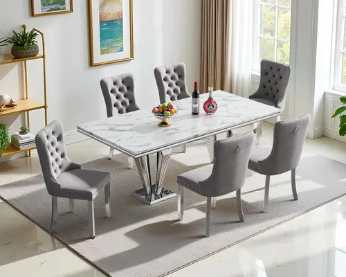 Miniatura 21 de Henf Juego de mesa de comedor de mármol sintético de 68 pulgadas para 6, juego de mesa de comedor de 7 piezas con 6 sillas copetudas de terciopelo