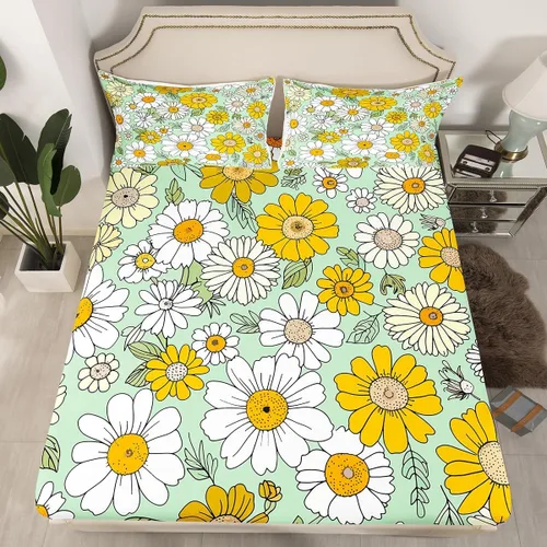 Miniatura 15 de Juego de ropa de cama de flores Groovy de los años 70, sábana bajera ajustable de flores de arco iris para niños y niñas, sábanas de ropa de cama
