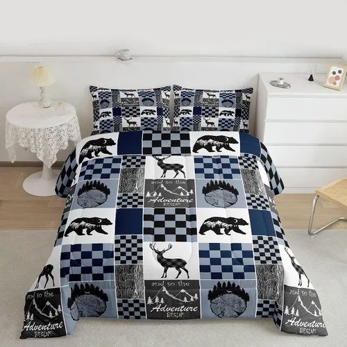 Miniatura 209 de Juego de edredón de oso y ciervo, tamaño individual, ropa de cama de animales salvajes de caza, colcha rústica de cabaña, casa de campo, cuadros
