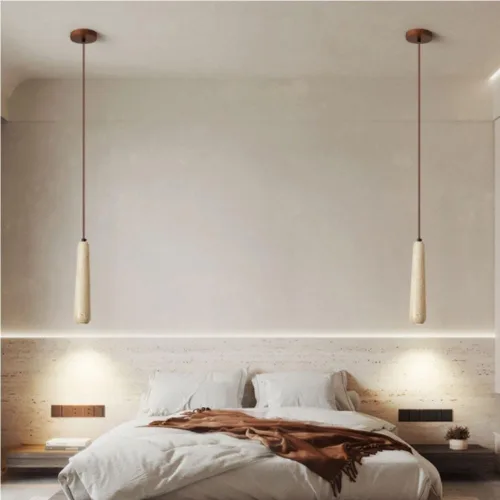 Miniatura 4 de 11.8IN Long Tube Hanging Lamp Mid Century Industrial Yellow Travertine Pendant Lights Japanese Style Simple Small Chandeliers for Dining Room Living