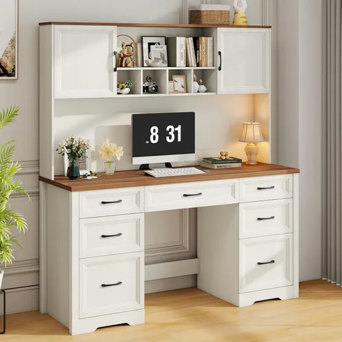 Miniatura 12 de Halitaa Escritorio ejecutivo de granja con cajones, escritorio de madera para computadora con amplio cajón de archivos, escritorio rústico