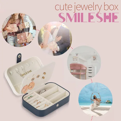 Miniatura 3 de Smileshe Joyero, estuche de viaje portátil pequeño de piel sintética, organizador de 2 capas, cajas de almacenamiento para anillos, aretes
