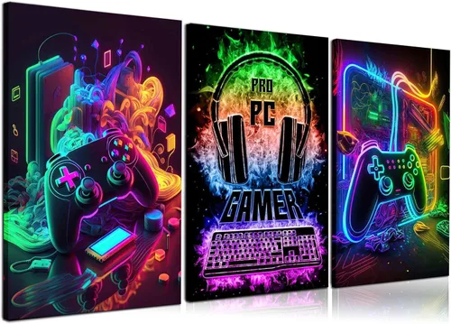 PPV 3 piezas de arte de pared para juegos geniales, pósters de acuarela de videojugadores retro, cuadros de mando de juegos coloridos de neón,