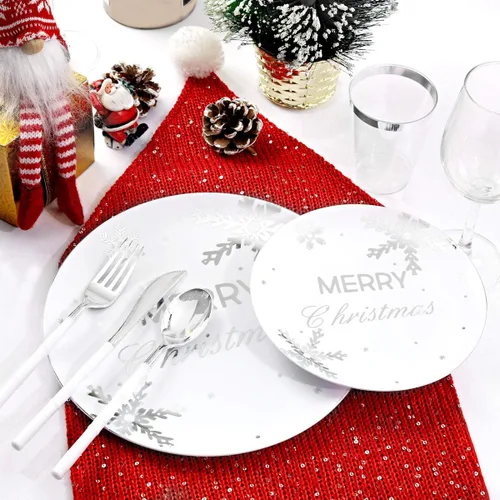 Miniatura 4 de WDF 50 platos de plástico plateado de Navidad, platos de plástico con copos de nieve, platos desechables blancos y plateados pesados para Navidad