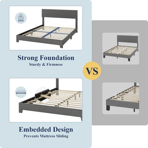 Miniatura 6 de Allewie - Base de cama Queen con cabecera ajustable, cama tapizada con plataforma y listones de madera, base de colchón resistente, no necesita Gris
