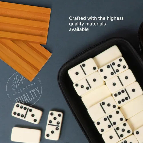 Miniatura 6 de Queensell Juego de dominó para adultos con 4 bastidores de dominó – Juego de dominó doble de 6 con soporte para dominó, juegos de mesa clásicos