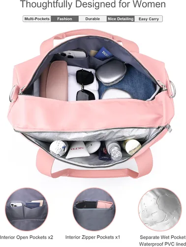 Miniatura 5 de Bolsa de gimnasio rosa para mujeres y niñas con compartimento para zapatos y bolsillo húmedo - Bolsa de lona para viajes, deportes, fitness