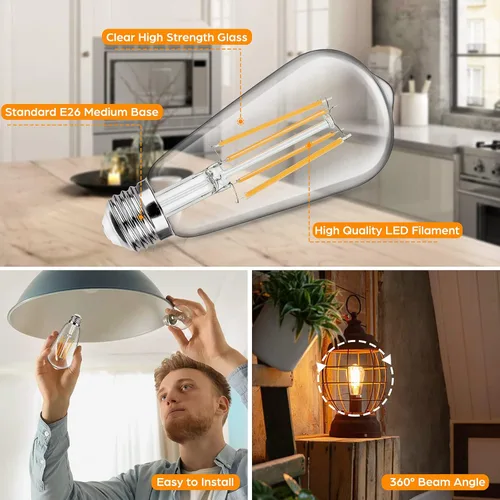 Miniatura 3 de Paquete de 4 bombillas LED Edison vintage equivalentes a 100 W, 1400 lúmenes, alto brillo, 8 W, ST58, bombillas de luz de filamento LED de 2700 K