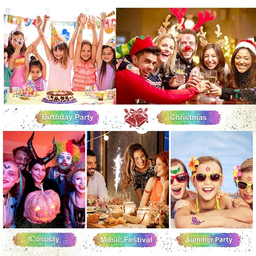 Miniatura 6 de Kit de tatuajes temporales con purpurina para niños, 32 colores, 165 plantillas, 3 pegamento, 5 pinceles, 1 soplo de polvo, kit de maquillaje