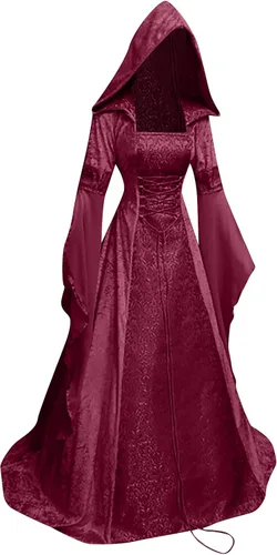 Miniatura 3 de SHOPESSA - Vestido gótico con capucha medieval, vestido renacentista, manga con volantes, estilo victoriano, con corsé, rojo