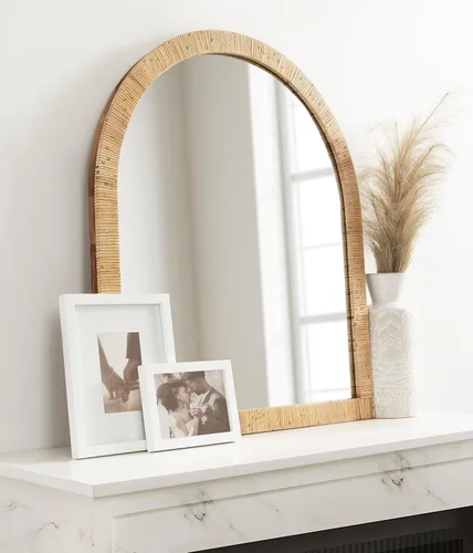 Miniatura 4 de Kate and Laurel Rahfy - Espejo de pared de ratán con arco bohemio, 28 x 32, madera natural, espejo decorativo de madera con marco de ratán auténtico