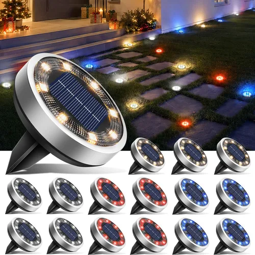 btfarm 16 Pack Solar Lights Outdoor, 8 LED Solar Ground Lights IP65 Waterproof Flat Solar Disc Light, Pathway Lights for Garden Patio Yard Christmas