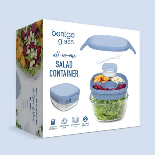 Miniatura 7 de Bentgo Recipiente de Ensalada de Vidrio Todo en Uno - Ensaladera Grande de 61 oz con Tapa, Bandeja Estilo Bento de 4 Compartimentos, Recipiente