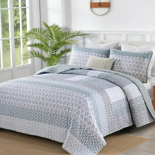 Miniatura 25 de WONGS BEDDING Juego de edredón beige tamaño individual, juego de edredón de rayas bohemias de 3 piezas, juego de colcha acolchada de microfibra