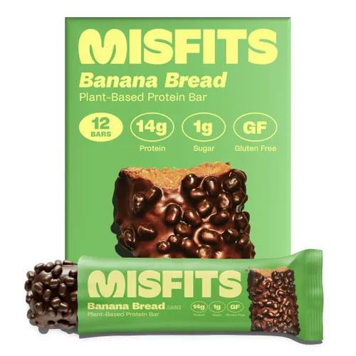Misfits Barras de proteína vegana – Pan de plátano | Barras nutricionales – 0.49 oz de proteína, 0.04 oz de azúcar, a base de plantas, bajas en