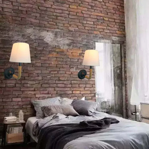 Miniatura 2 de Vintage Wall Light Hemp Rope Bedside Sconce Rustic Industrial Headboard Lamp, Farmhouse Wall Mount Lighting Fixture with Flared White Textile Lamp