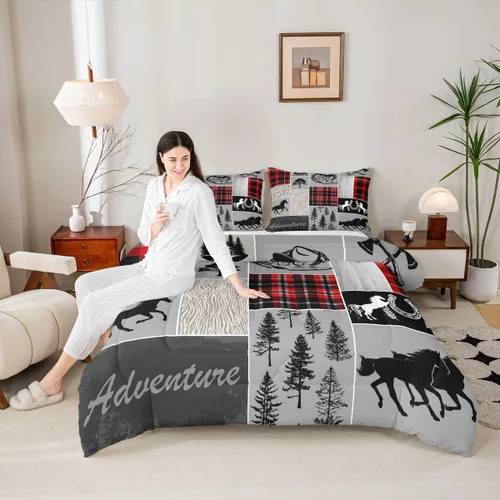 Miniatura 245 de Juego de edredón de oso y ciervo, tamaño individual, ropa de cama de animales salvajes de caza, colcha rústica de cabaña, casa de campo, cuadros