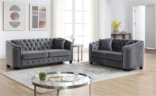 Juego de 2 sofás modernos de terciopelo Chesterfield de 77" para 3 plazas + 59" loveseat, tapizados con respaldos capitoné con brazos de tachuelas y