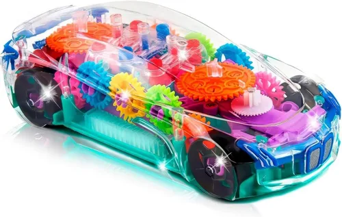 ArtCreativity Juguete sensorial transparente con luz para niños, 1 unidad, auto de juguete con engranajes móviles coloridos, música y efectos LED,