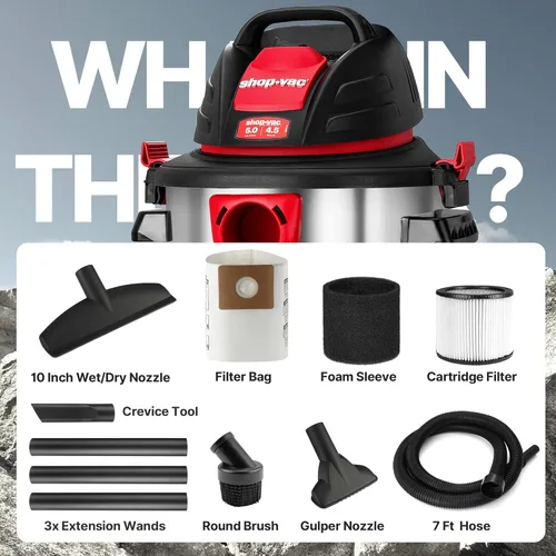 Miniatura 8 de Shop-Vac Aspiradora húmeda/seca de 5 galones y 4.5 HP de pico, tanque de acero inoxidable, aspiradora de taller portátil con filtro, manguera
