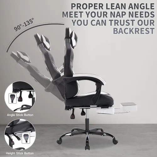 Miniatura 6 de Silla ergonómica para juegos estilo carreras, silla de jugador de respaldo alto con reposapiés, lumbar ajustable, masaje, reposabrazos de enlace