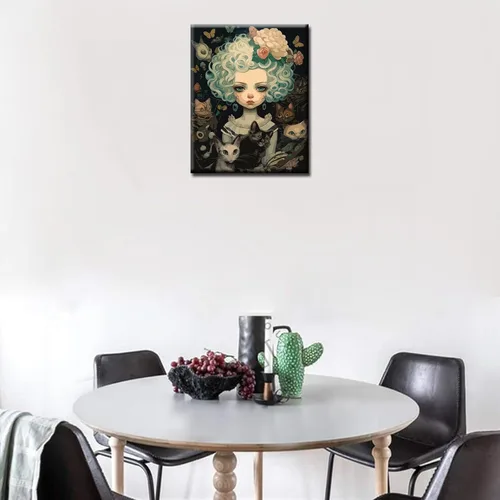 Miniatura 3 de Tucocoo Muñeca de pelo rizado y su gato DIY pintura al óleo por números para adultos principiantes con marco, muñecas geniales pintura por número
