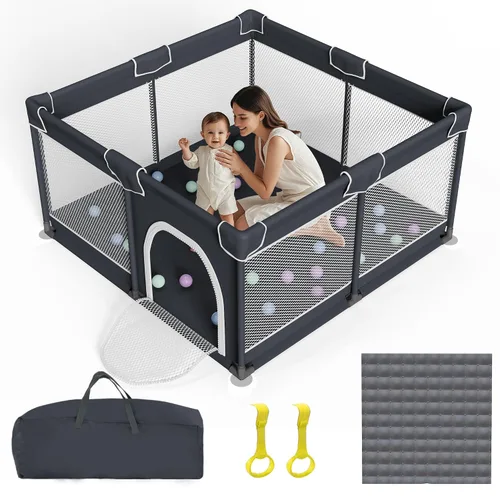 Miniatura 7 de Grobeybees Corralito plegable para bebés con alfombra, corralito plegable grande para bebés y niños pequeños, corral de juegos plegable portátil