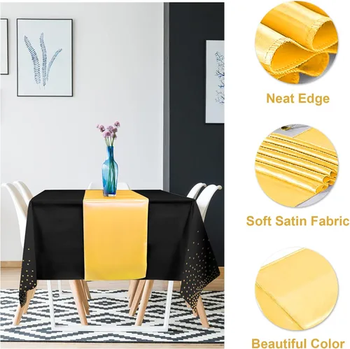 Miniatura 3 de 8 paquetes de manteles de plástico desechables y juego de camino de mesa de satén negro con dorado, mantel de satén dorado para graduación, boda