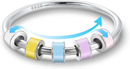 Miniatura 4 de LOVECOM Anillo giratorio de plata de ley 925 con cuentas esmaltadas coloridas para mujer, anillo giratorio antiansiedad, giratorio, apilable