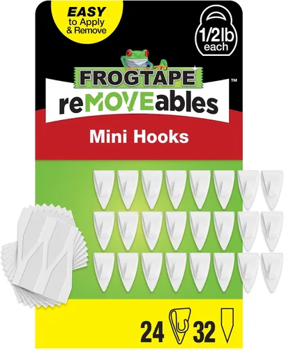 Miniatura 14 de FrogTape reMOVEables - Mini ganchos adhesivos para colgar, 18 ganchos transparentes y 24 tiras adhesivas, clips de interior sin daños para luces