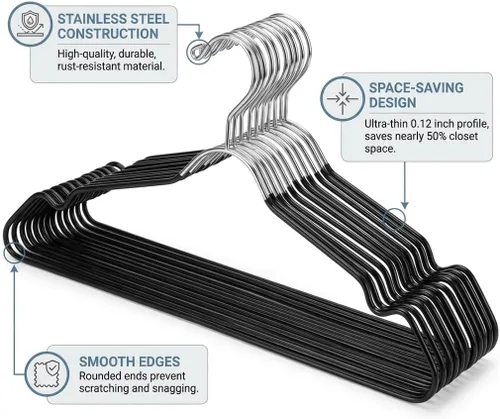 Miniatura 2 de Paquete de 24 perchas de metal con muesca para el hombro, perchas de alambre resistente, acero inoxidable ultrafino, antideslizantes, ahorran
