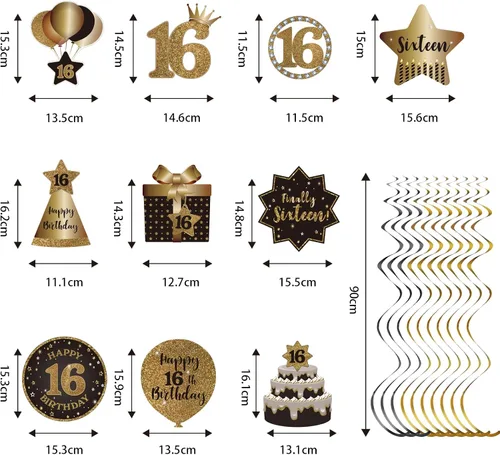 Miniatura 2 de Decoraciones de techo colgantes de remolinos de feliz 16 años, celebración, 16 remolinos colgantes de aluminio con recortes para dulces 16 años
