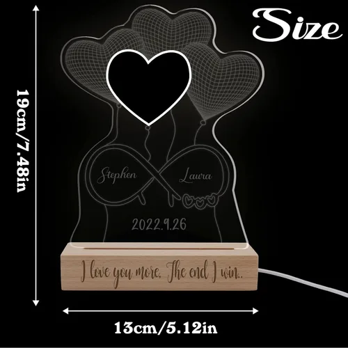 Miniatura 2 de Luz nocturna personalizada con ilusión 3D con base de madera, lámpara de corazón personalizada con texto de imagen, luz nocturna LED acrílica