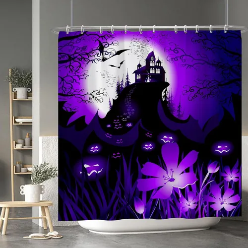 Miniatura 55 de Cortina de ducha de fantasma y gato negro para niños, 36 x 72 pulgadas, espeluznante y bonita, cortina de baño de Halloween con 6 ganchos, cortina