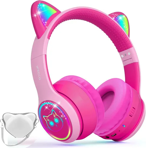 Miniatura 15 de IFECCO Kids Wireless Headphones with Case - Cute LED Light Up Cat Ear,50H Playtime,Safe Volume Limited,Bluetooth 6.0 Kids Girls Headphones for